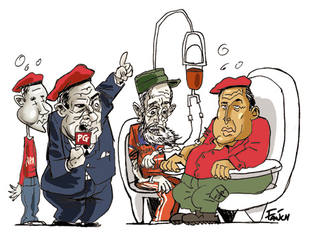 Besancenot Mélenchon et Castro qui font la queue pour avoir un peu du sang neuf de Chavez